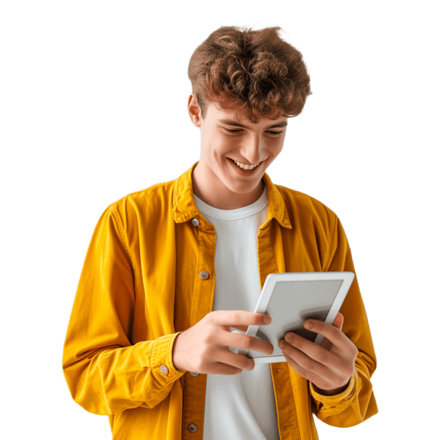 Happy Young Man Using Ipad, in organge top with ginger hair.