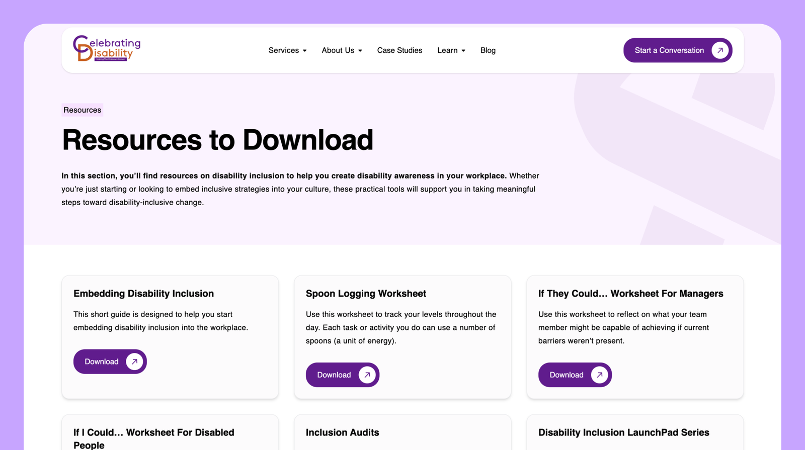Celebrating Disability download page, with a main heading and grey boxes with multiple downloads with a purple button in each.