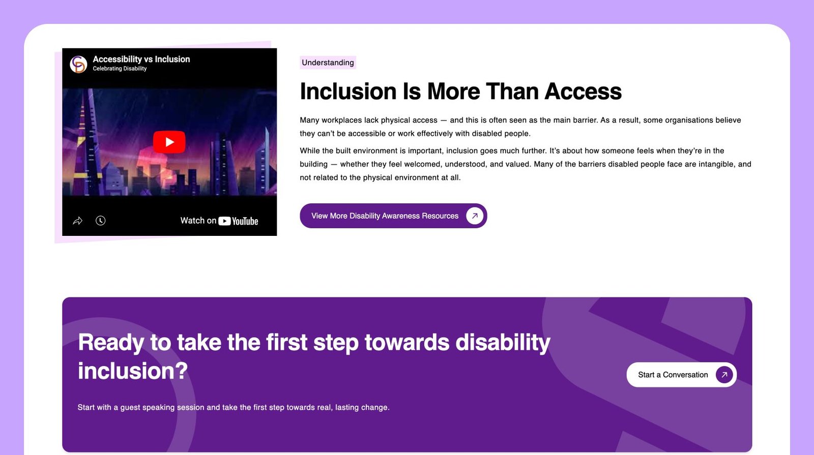 Celebrating Disability with a video title inclusion is more than access, and a purple banner with a contact us button.