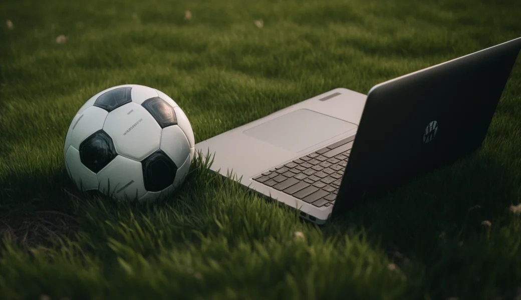 Laptop next to a football