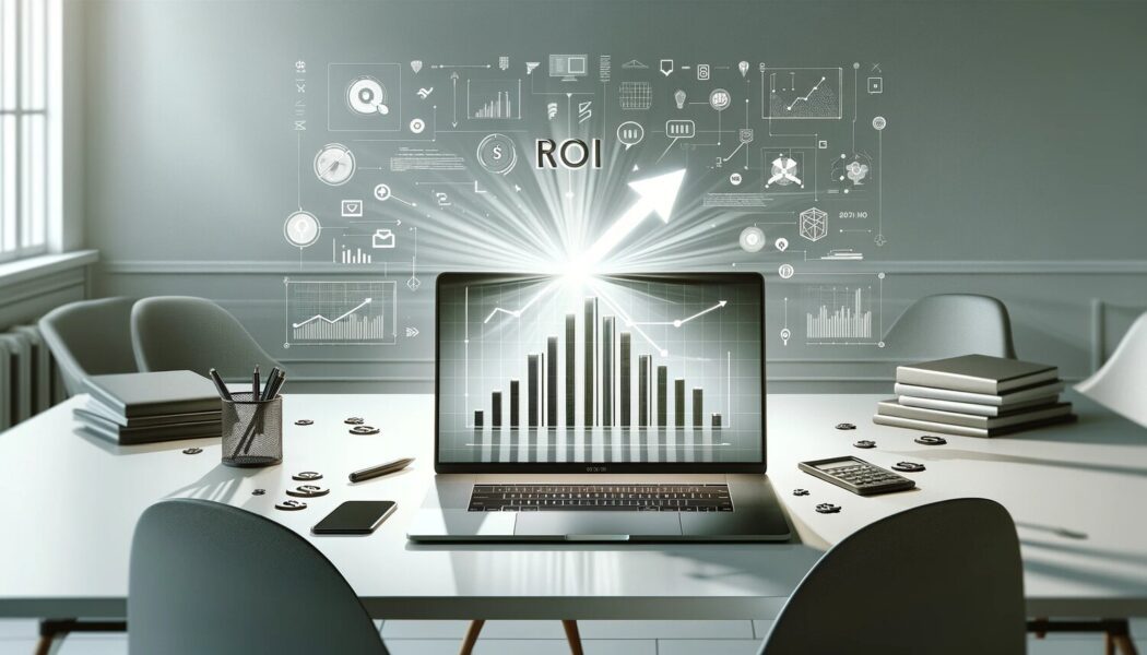 An artistic representation of ROI in web design, such as a graph or chart rising from a laptop screen, with elements of web design like icons and code around it. This would visually convey the concept of high ROI from quality web design.