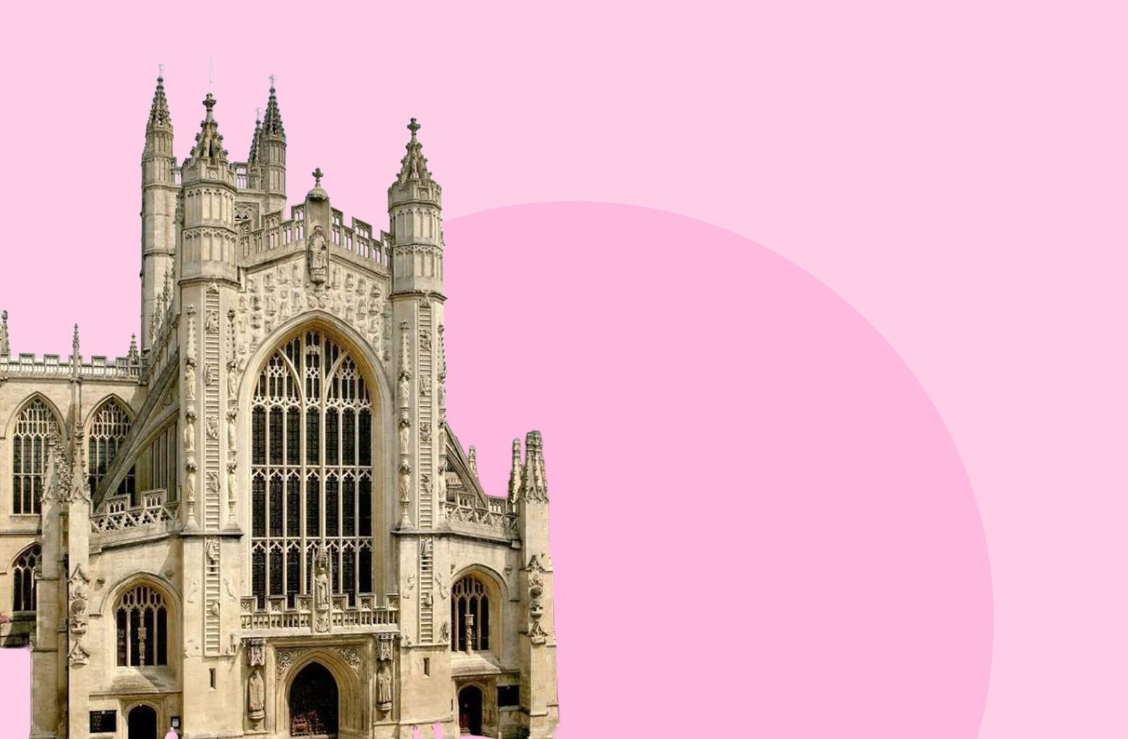 Photograph of Bath Abbey, a large Gothic church with tall towers and detailed stonework, shown against a pink background