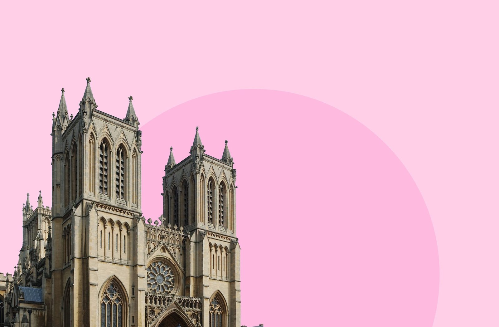 Photograph of Bristol Cathedral, a medieval church with twin towers and detailed Gothic stonework, shown against a pink background
