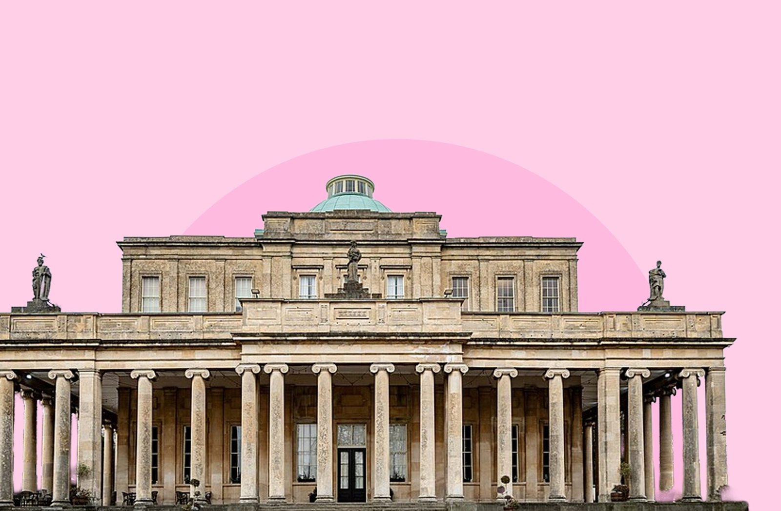 Pitville pump room in cheltenham on a pink background