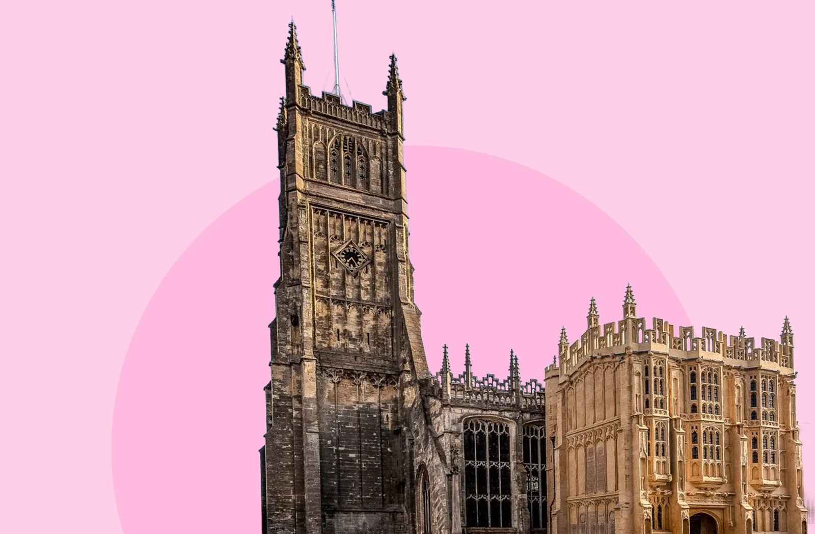 Photograph of the Church of St John the Baptist in Cirencester, a large medieval parish church with a tall tower, shown against a pink background