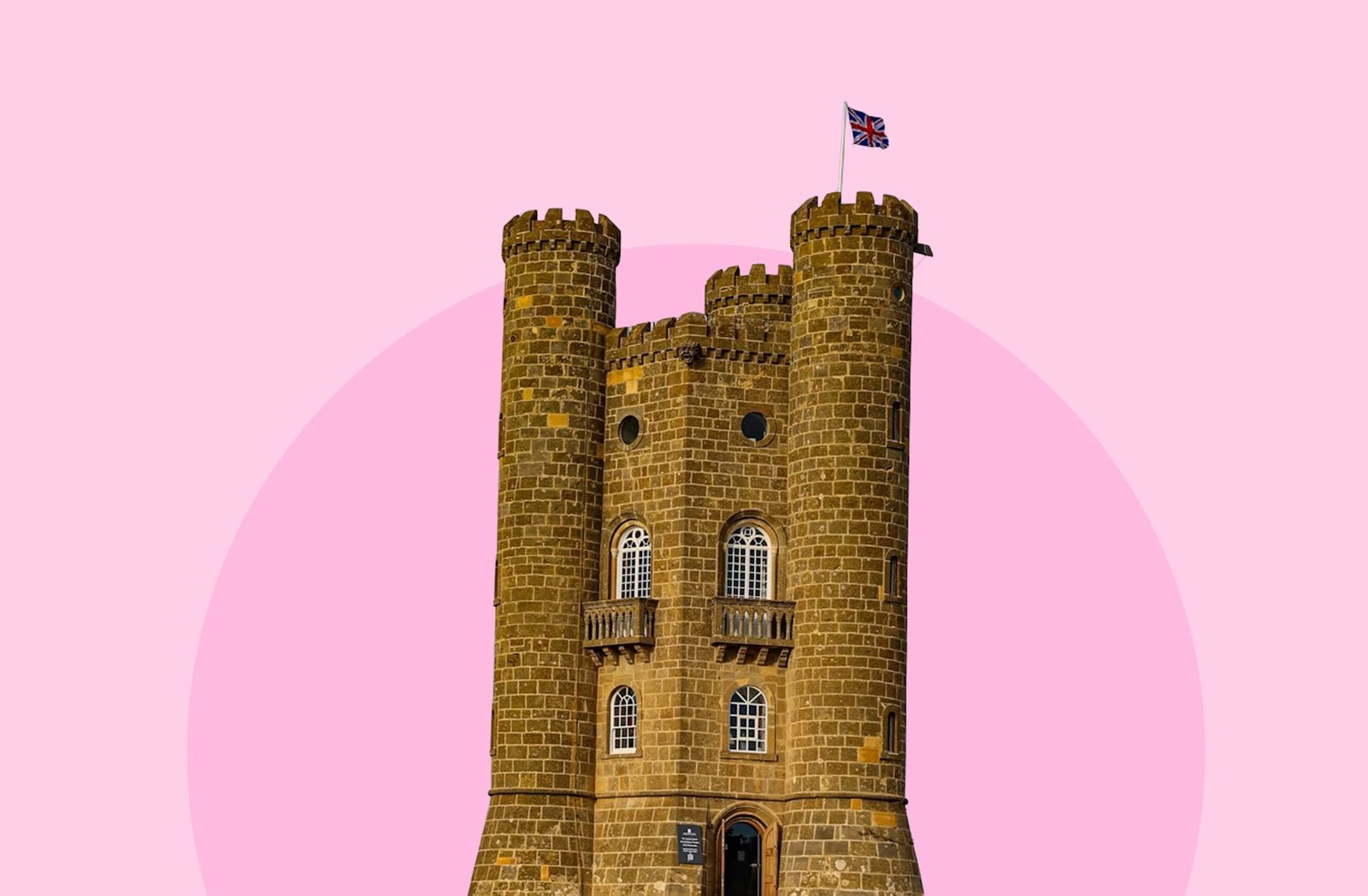 Broadway tower on a pink background