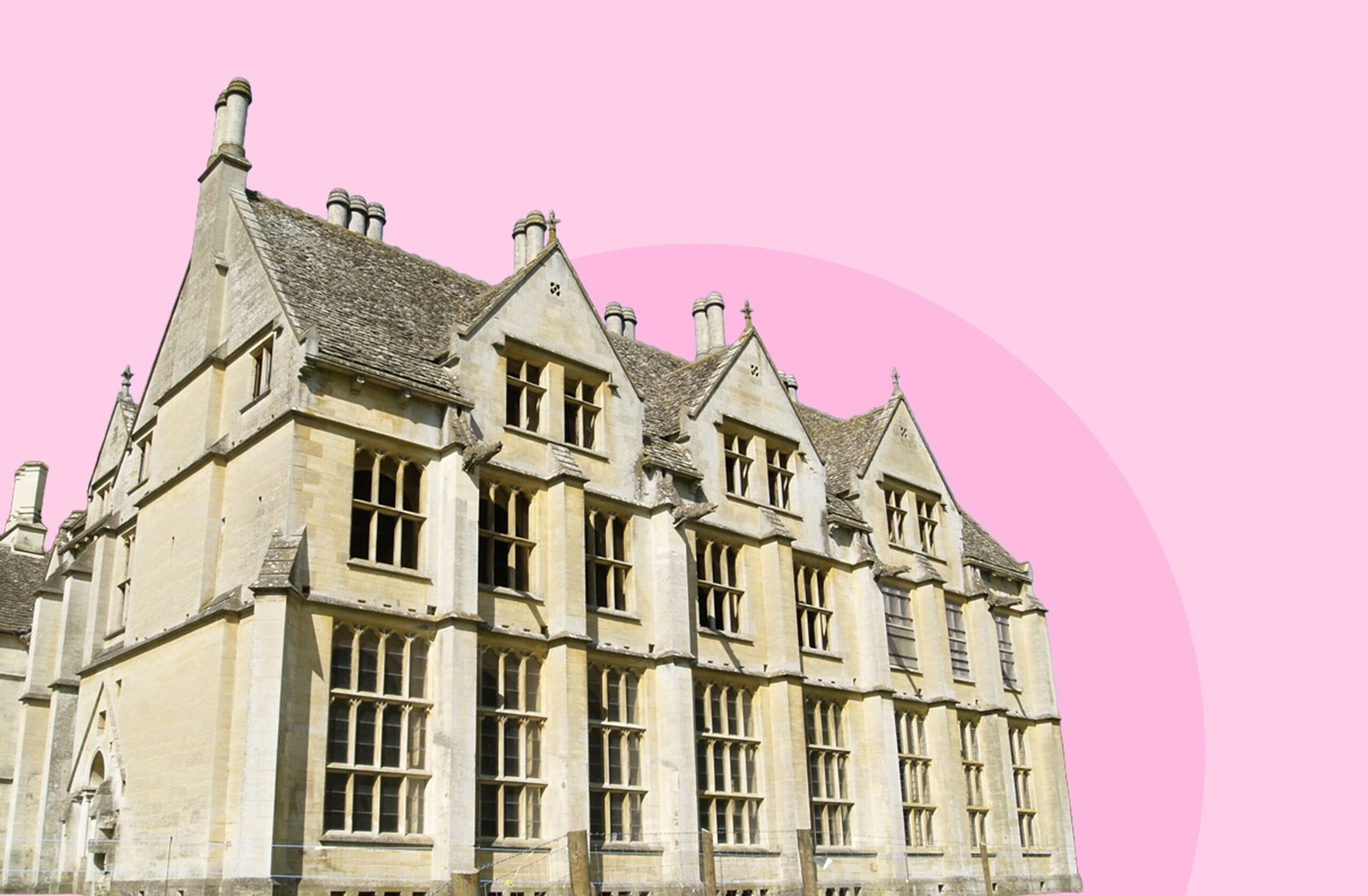 Photograph of Woodchester Mansion, an unfinished 19th-century Gothic revival house near Stroud, shown against a pink background