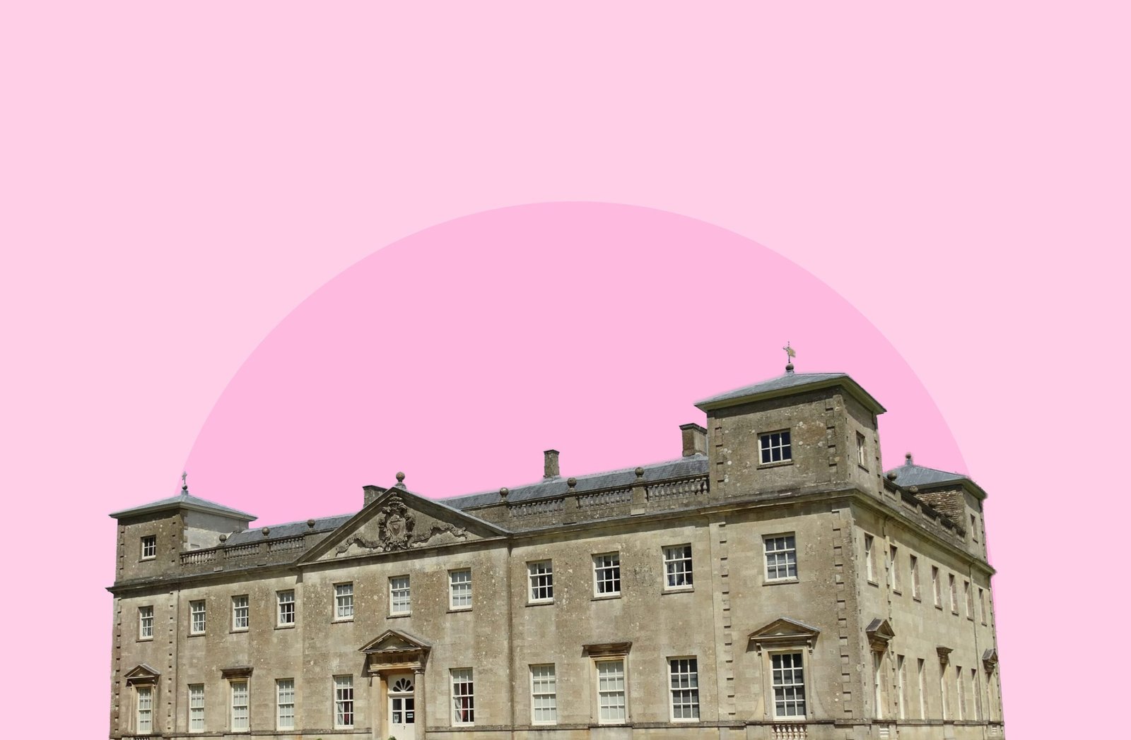 Photograph of Lydiard House, an 18th-century Palladian manor in Lydiard Park near Swindon, shown against a pink background