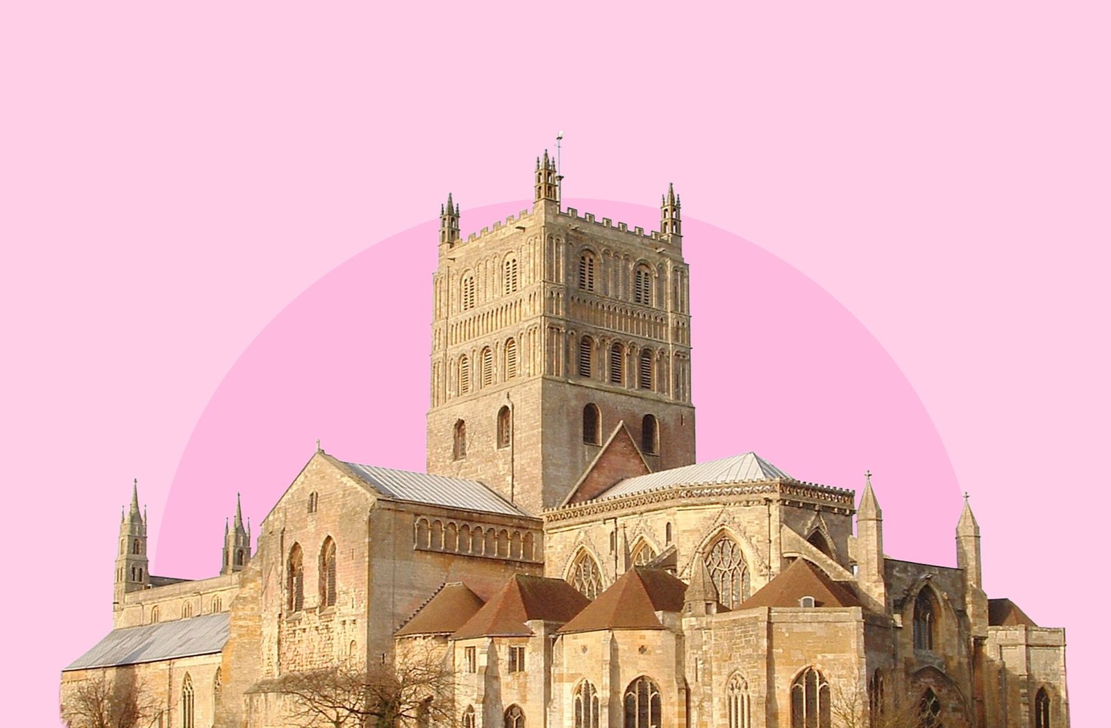 Photograph of Tewkesbury Abbey with its towers and stonework clearly visible, set against a vivid pink background
