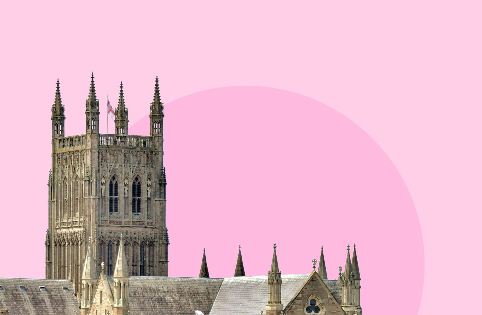 Photograph of Worcester Cathedral, a large medieval church with a tall central tower and detailed stonework, shown against a pink background