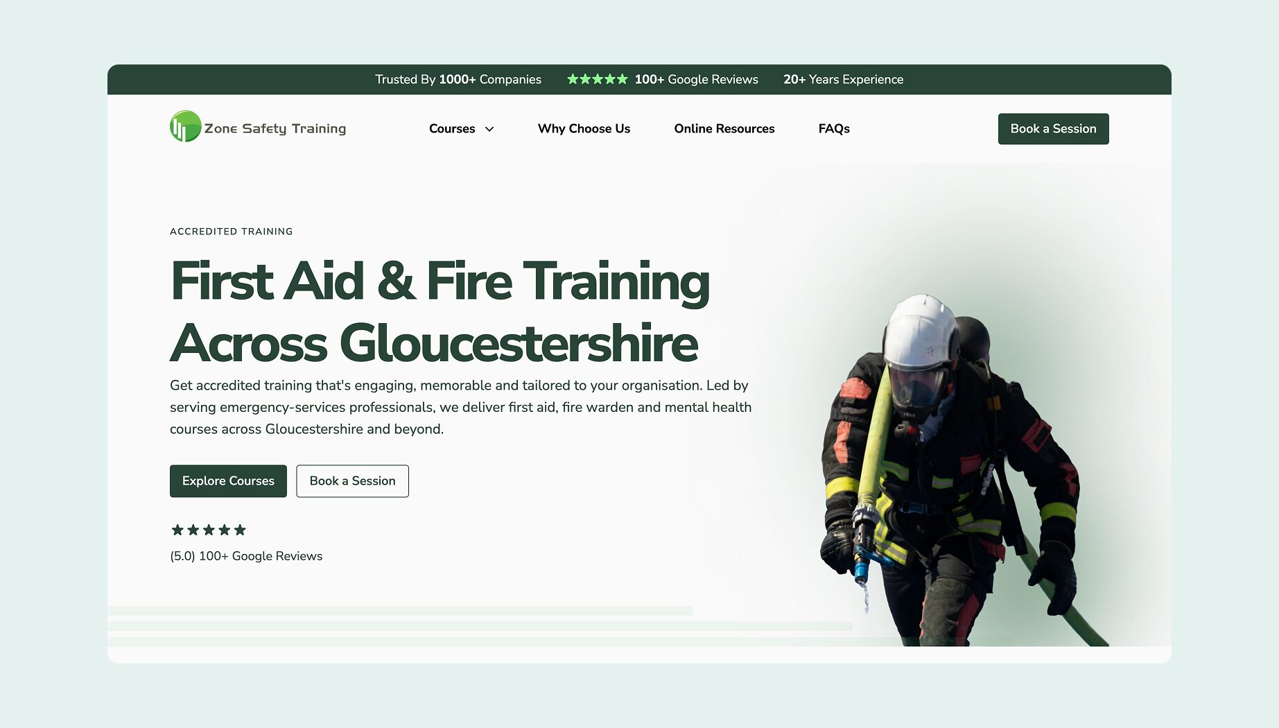 Zone Safety Training homepage showing first aid and fire training services across Gloucestershire