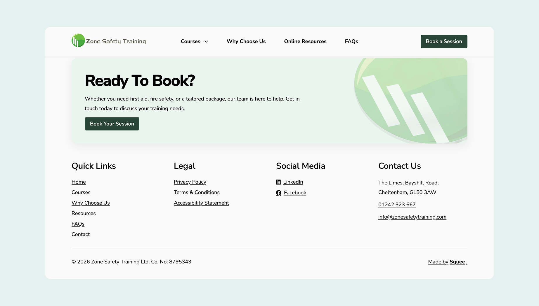 Call to action encouraging visitors to book a training session with Zone Safety Training