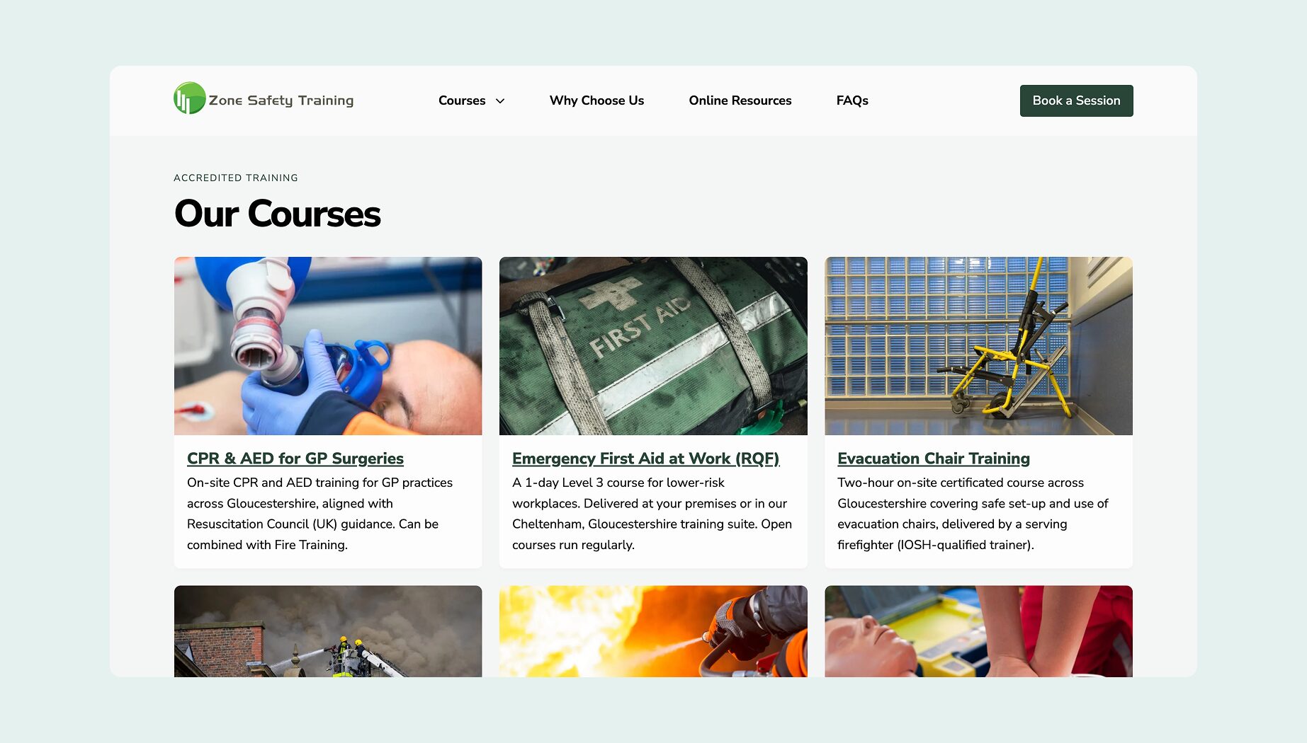 Course listing page showing first aid, fire safety, and evacuation chair training options