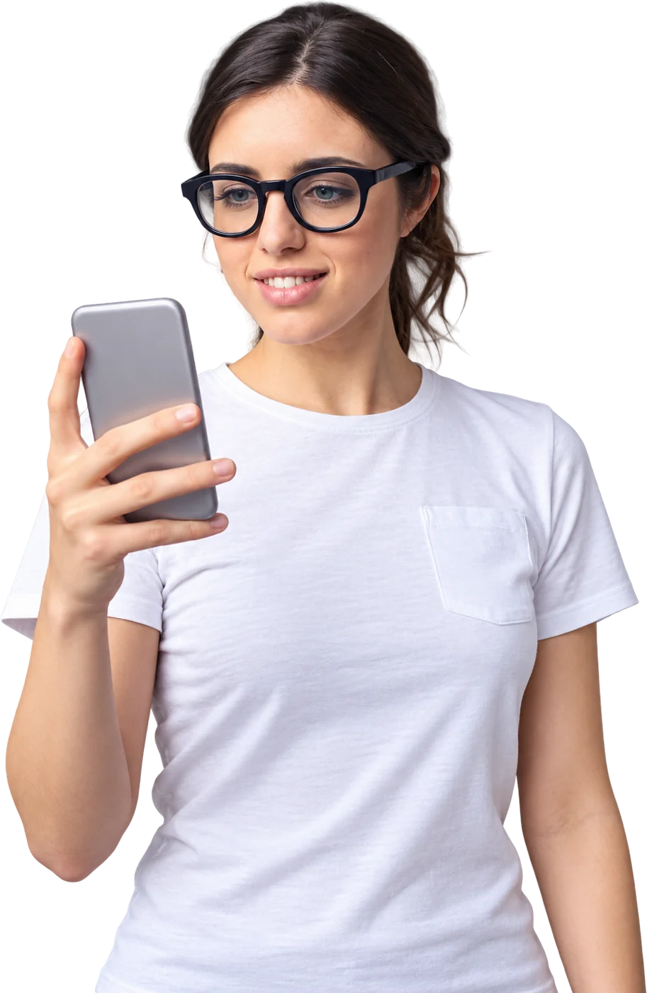 Woman in glasses smiling as she looks at her phone