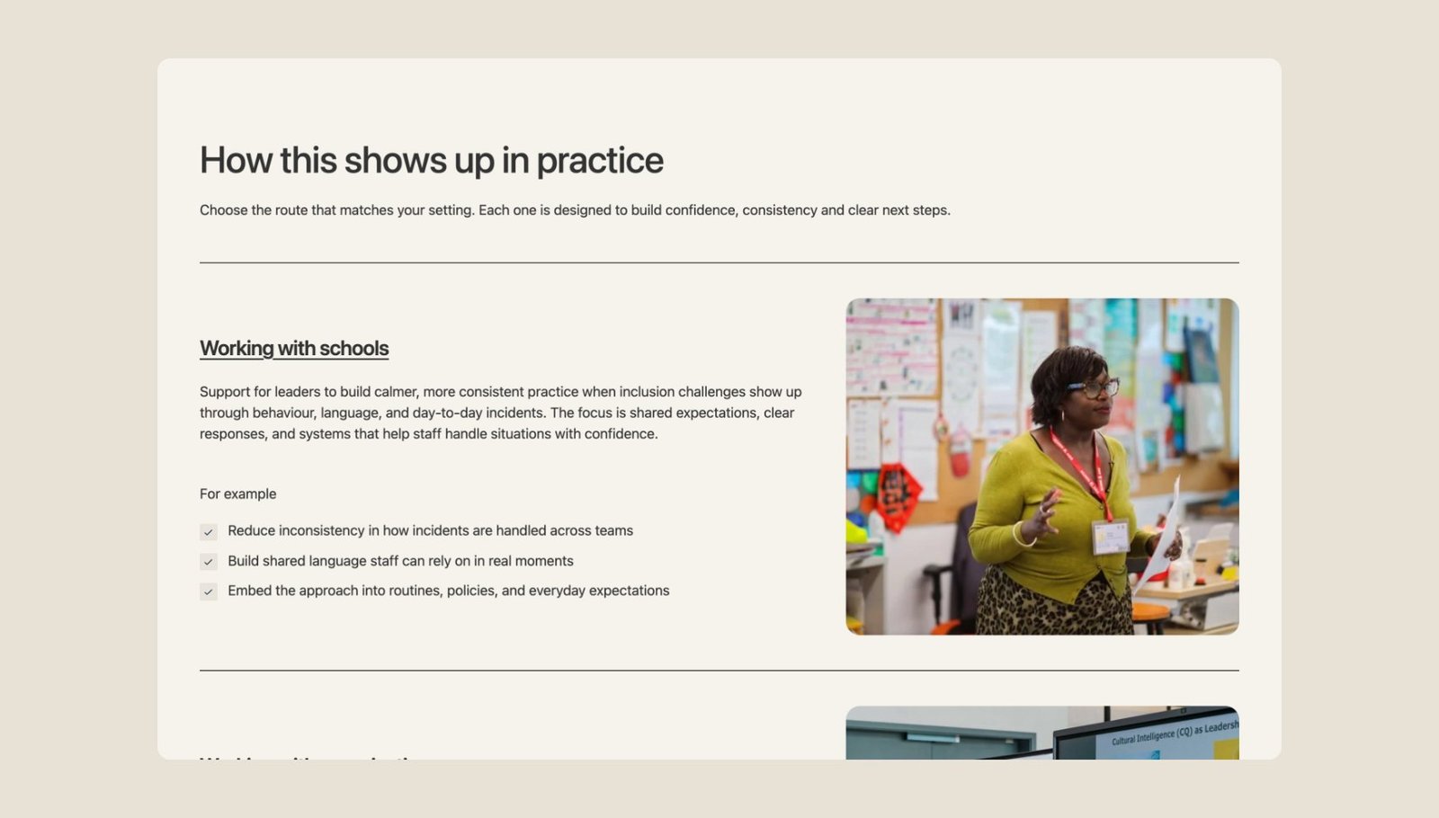 Elevation Coaching and Consulting How We Work page section titled How this shows up in practice, with a Working with schools panel, a short tick list and a photo of Audrey speaking in a classroom