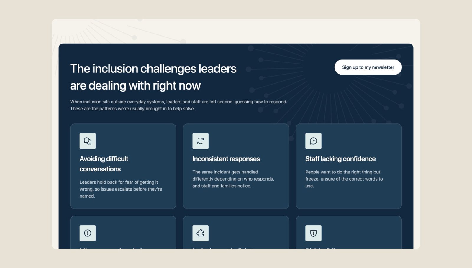 Elevation Coaching and Consulting homepage section on a navy background, with the heading The inclusion challenges leaders are dealing with right now and cards for avoiding difficult conversations, inconsistent responses and staff lacking confidence