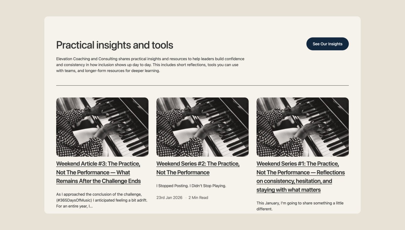 Elevation Coaching and Consulting section titled Practical insights and tools, with a See Our Insights button and three blog cards showing hands playing a piano