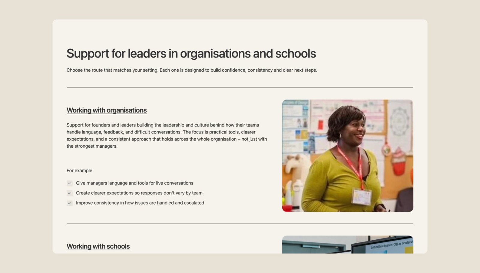 Elevation Coaching and Consulting section titled Support for leaders in organisations and schools, with a Working with organisations panel and a photo of Audrey speaking in a classroom